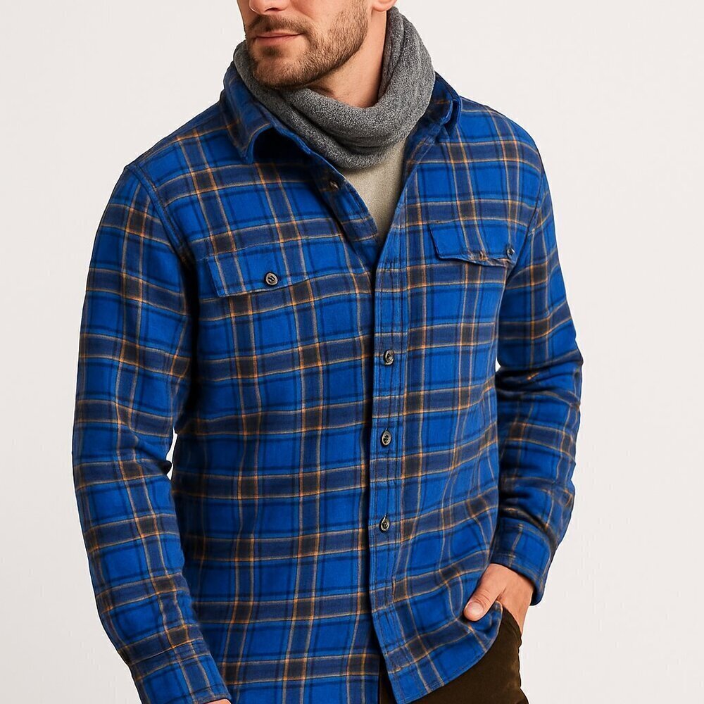 prAna Organic Cotton Plaid Flannel Shirt Blue Orange Men's XL Cabincore Gorpcore